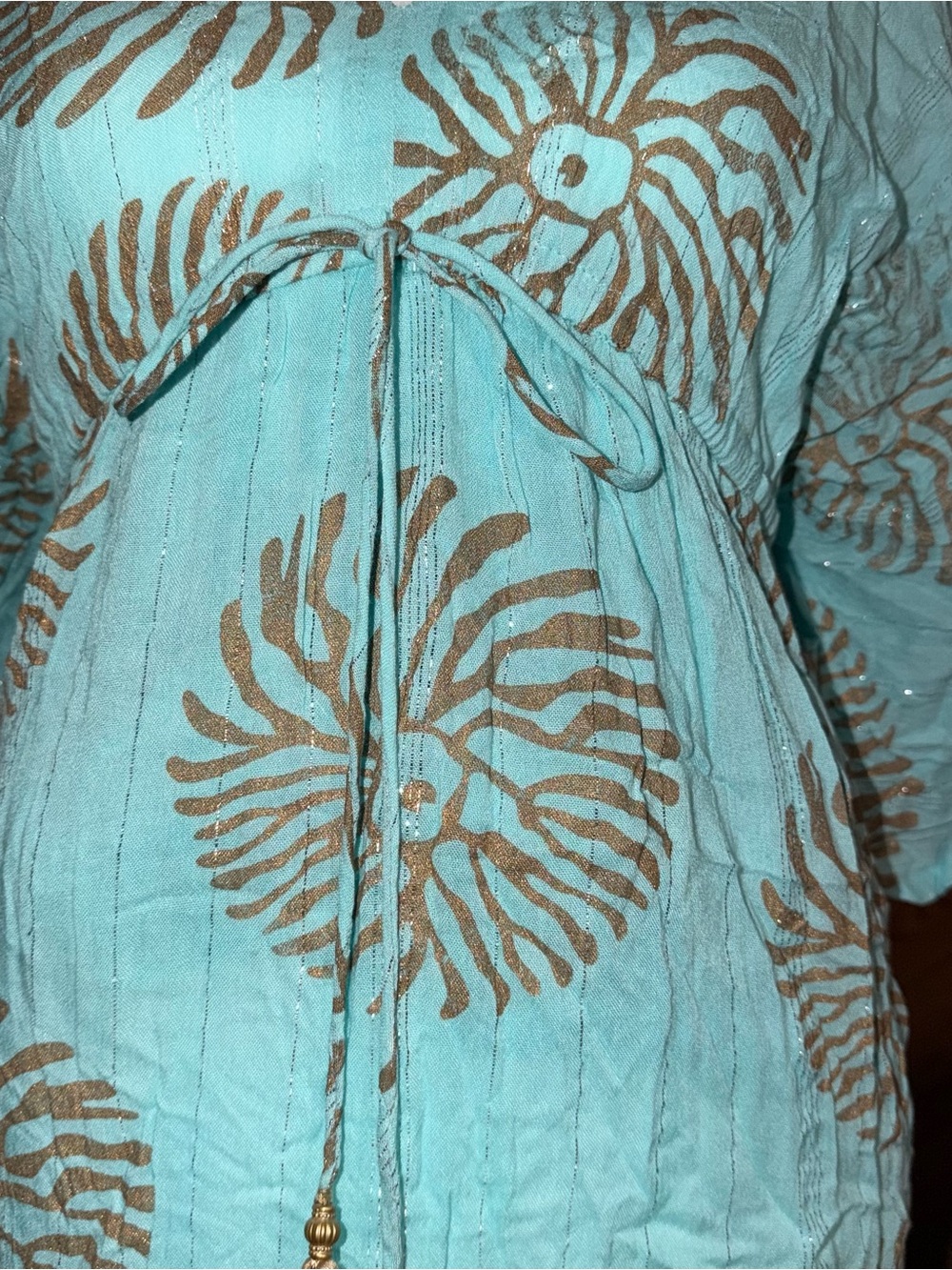 Zury Turquoise Maxi Dress with Gold Medallion Print and Tassel Tie 100% Viscose - Picture 2 of 11